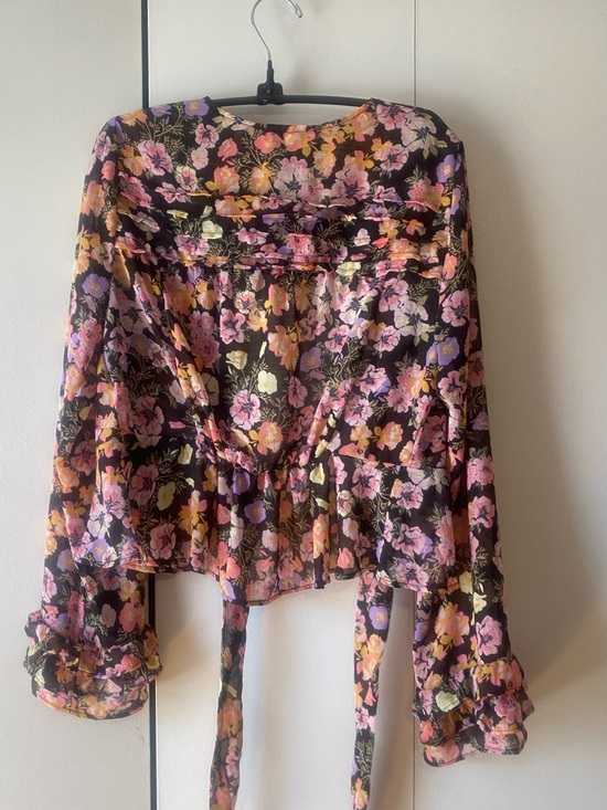 Flirty n Fun Free People Floral Maybel Blouse Sheer Long Ruffle Sleeves Medium - Picture 6 of 8